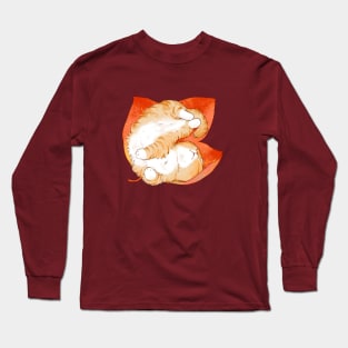 Orange Cat Sleep in Leaves Long Sleeve T-Shirt